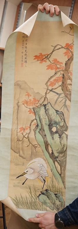 Two Chinese silk scrolls hand painted with flowers and birds. Condition - fair